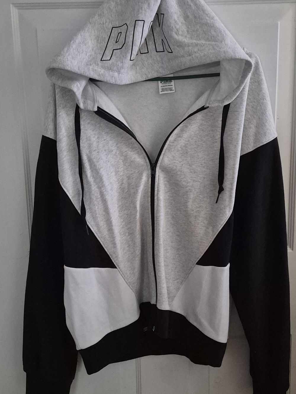 PINK Victoria's Secret Grey, Black & White Colorblock Zip Hoodie XL